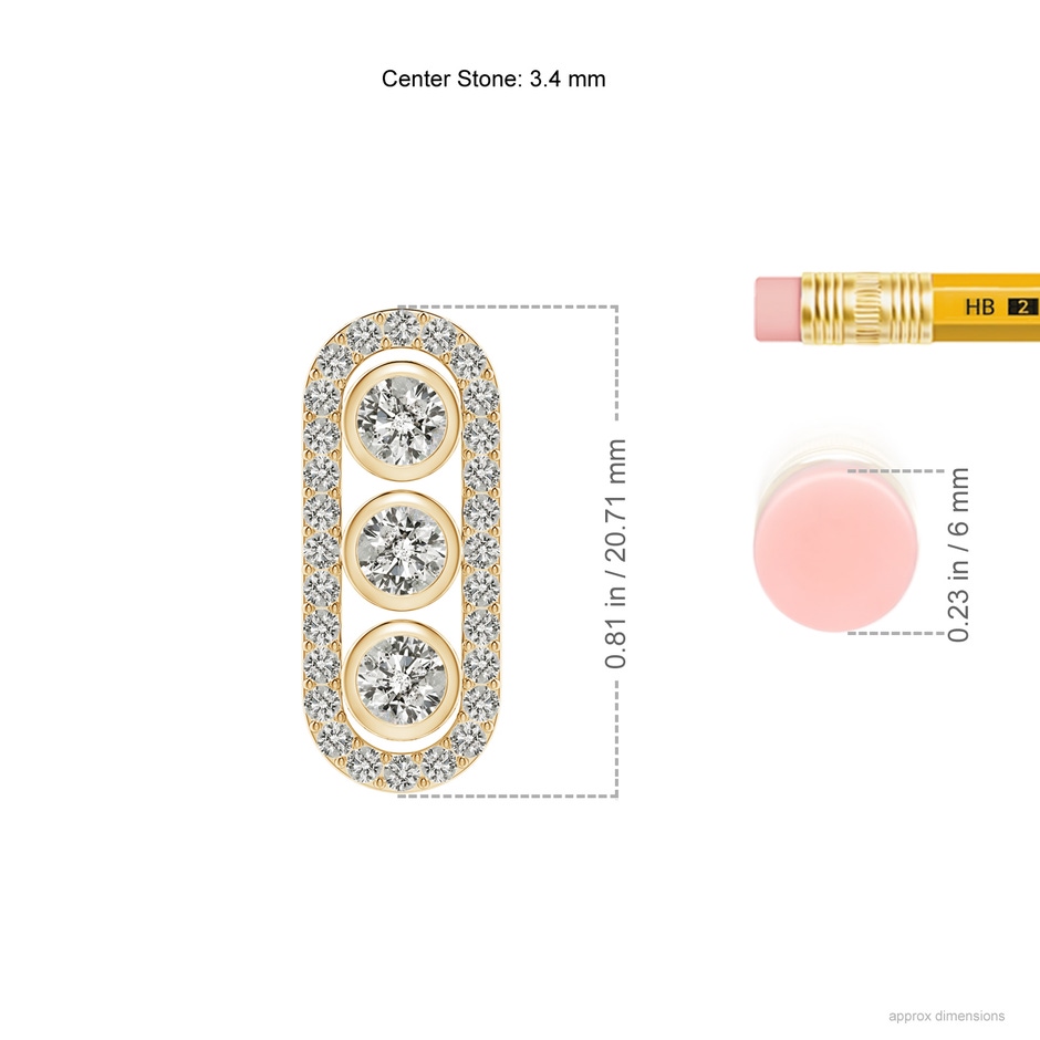 3.4mm KI3 Three Stone Round Diamond Oval Halo Pendant in Yellow Gold ruler