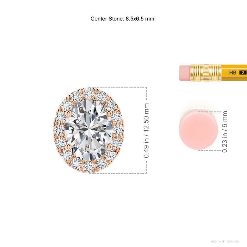 8.5x6.5mm HSI2 Oval Diamond Halo Pendant in Rose Gold ruler