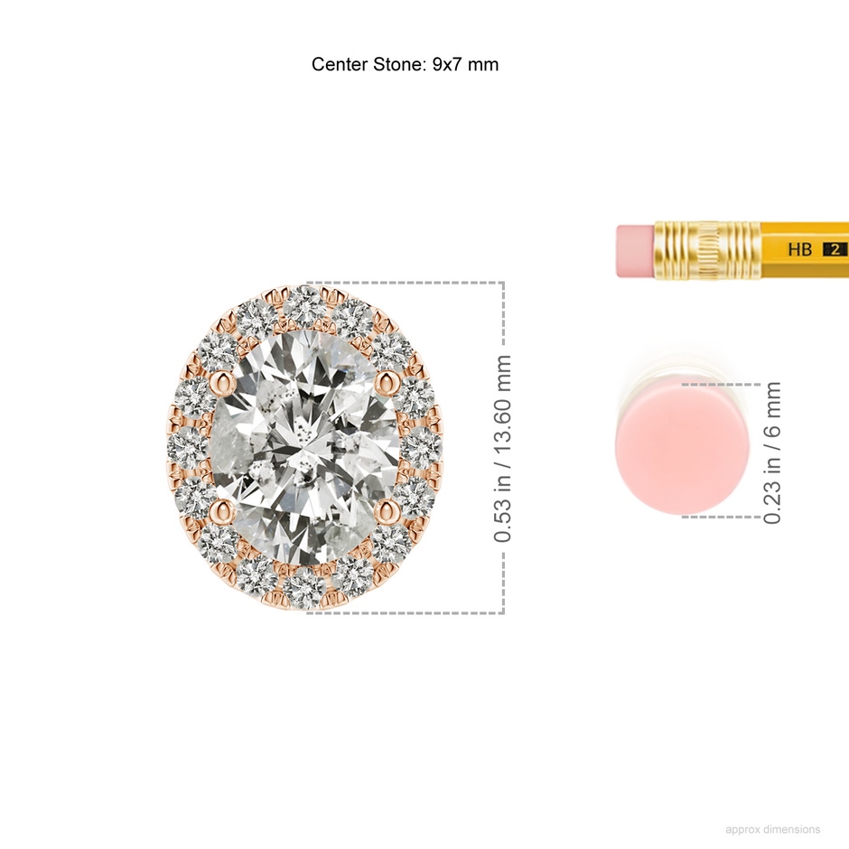 9x7mm KI3 Oval Diamond Halo Pendant in Rose Gold ruler