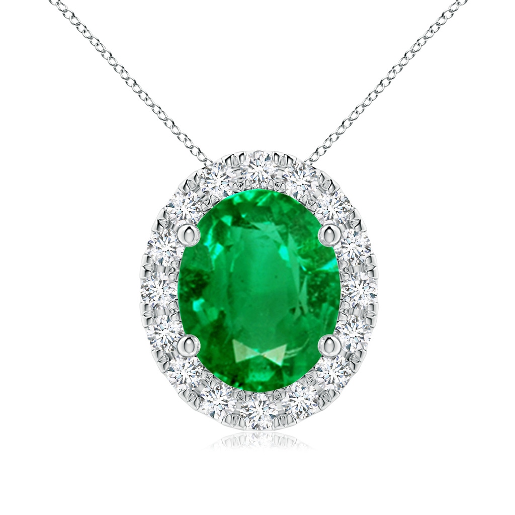 10x8mm AAA Oval Emerald Halo Pendant in White Gold