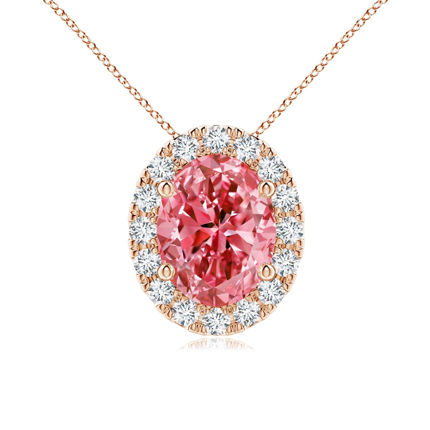 Angara 1.84 CTW Prong-Set Oval Fancy Intense Pink Diamond Halo Pendant in 14K Rose Gold
