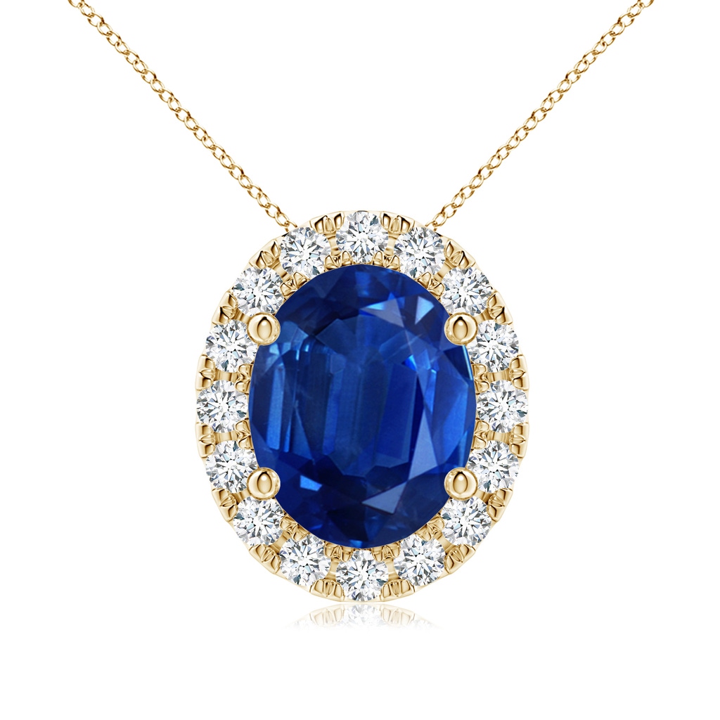 10x8mm AAA Oval Blue Sapphire Halo Pendant in Yellow Gold