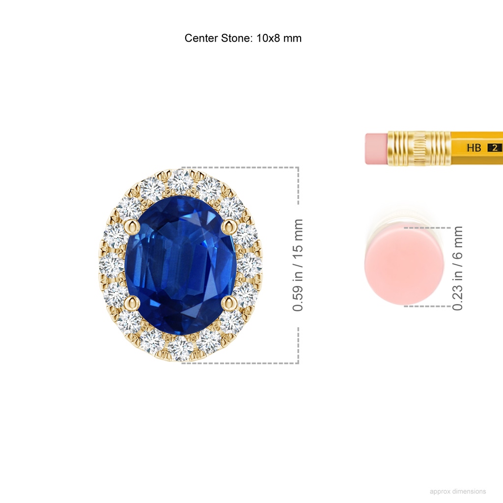 10x8mm AAA Oval Blue Sapphire Halo Pendant in Yellow Gold ruler