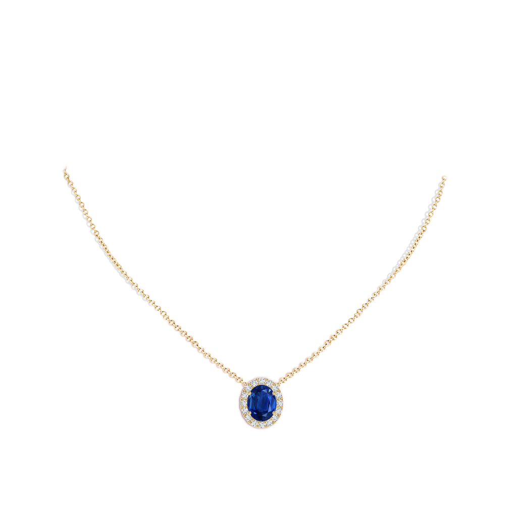 10x8mm AAA Oval Blue Sapphire Halo Pendant in Yellow Gold pen
