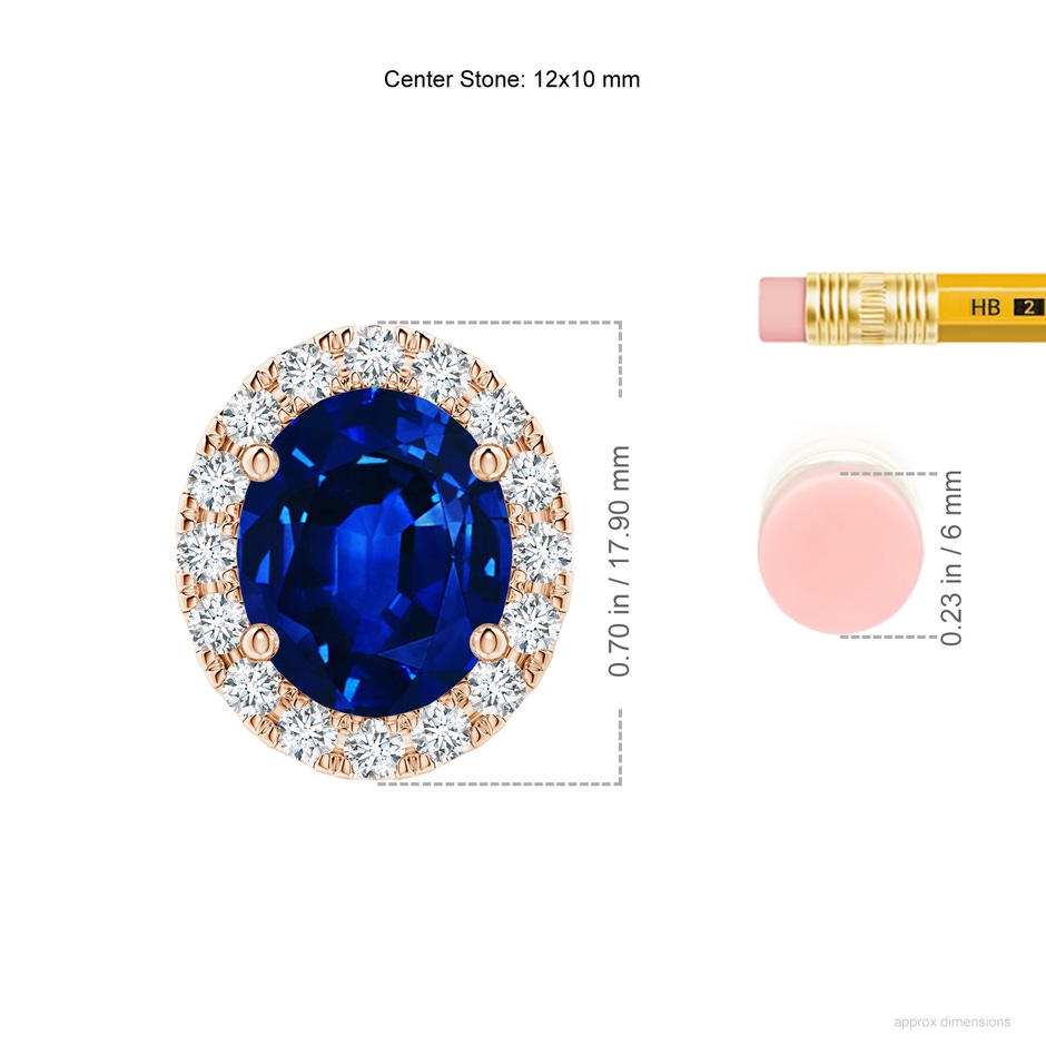 12x10mm Lab-Grown Oval Blue Sapphire Halo Pendant in Rose Gold ruler