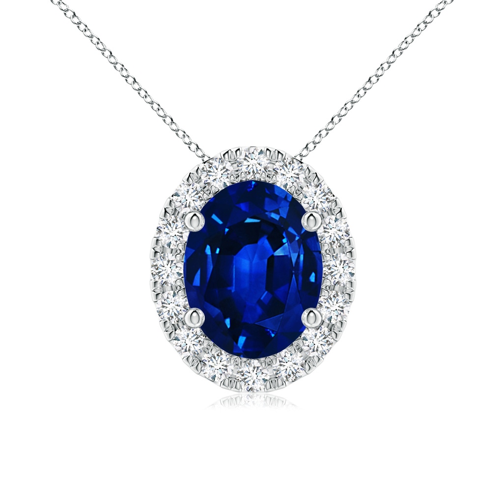 9x7mm Lab-Grown Oval Blue Sapphire Halo Pendant in 18K White Gold