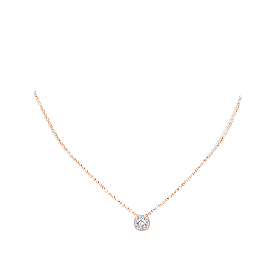 5.5mm GVS2 Round Diamond Cushion Halo Pendant in Rose Gold body-neck