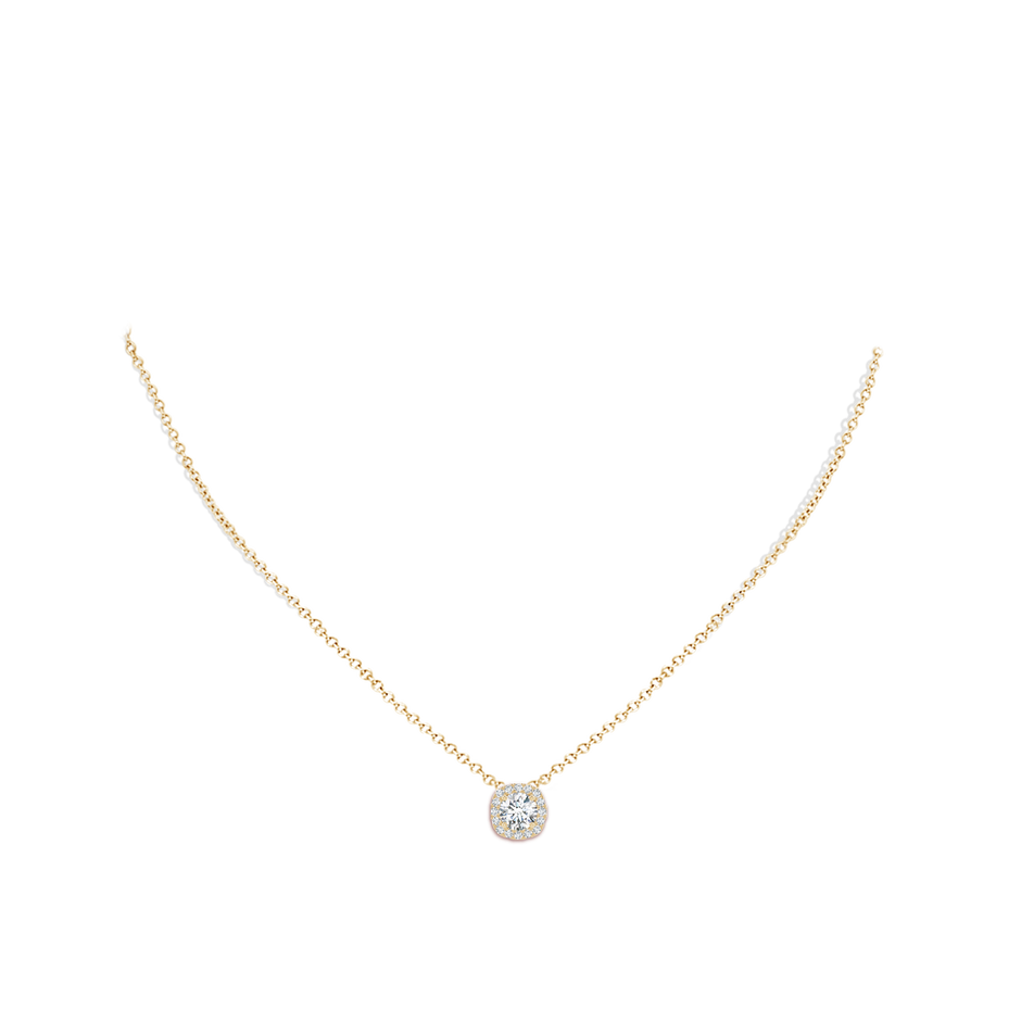 5.5mm GVS2 Round Diamond Cushion Halo Pendant in Yellow Gold body-neck