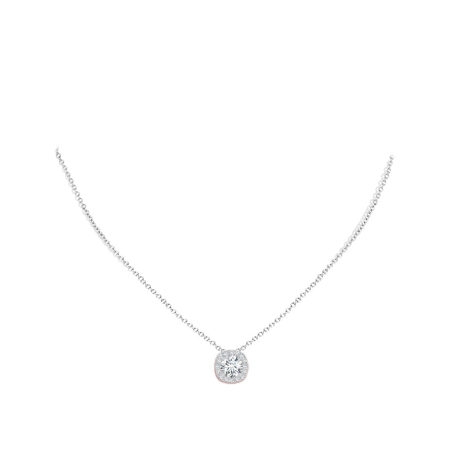 7.2mm GVS2 Round Diamond Cushion Halo Pendant in White Gold body-neck