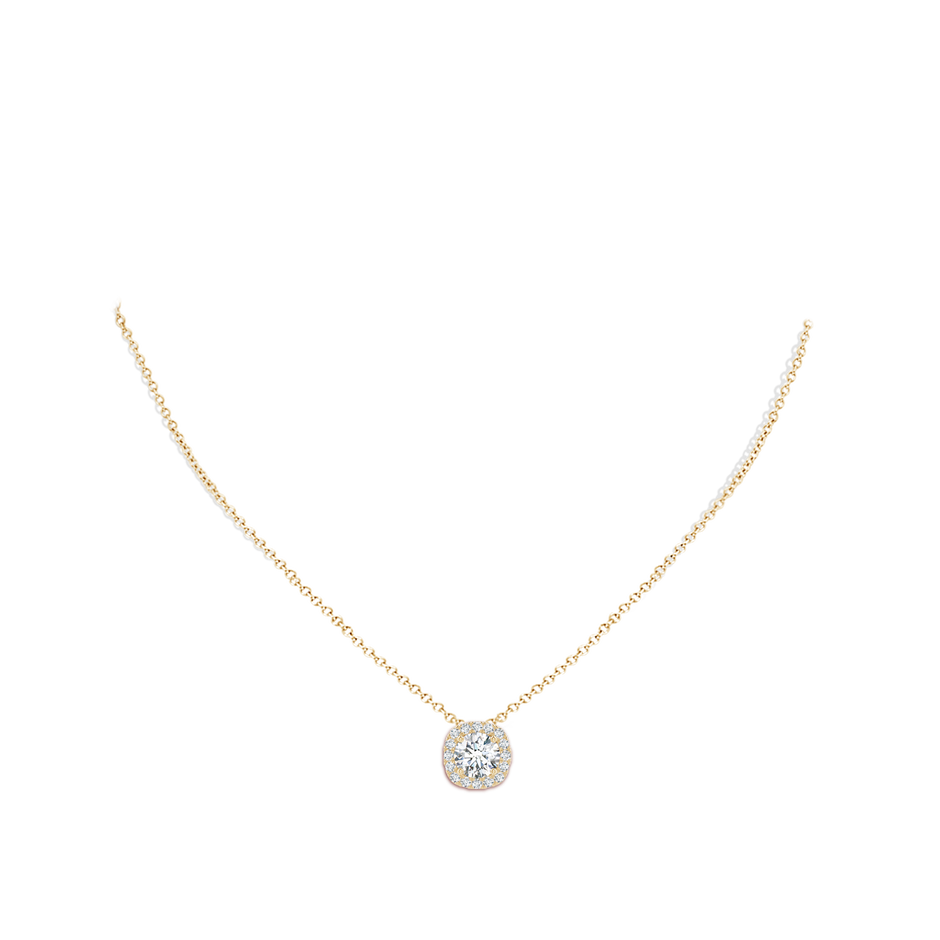 7.2mm GVS2 Round Diamond Cushion Halo Pendant in Yellow Gold body-neck