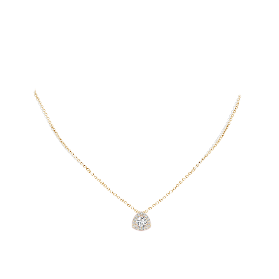 5mm HSI2 Round Diamond Trillion Halo Pendant in Yellow Gold body-neck