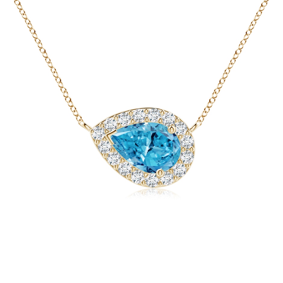 7x5mm AAAA Sideways Pear-Shaped Fancy Intense Blue Diamond Halo Pendant in Yellow Gold 