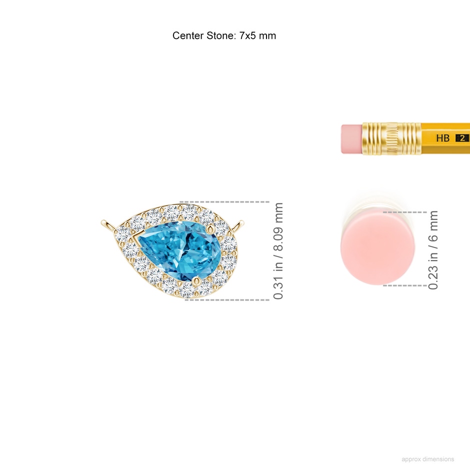 7x5mm AAAA Sideways Pear-Shaped Fancy Intense Blue Diamond Halo Pendant in Yellow Gold ruler