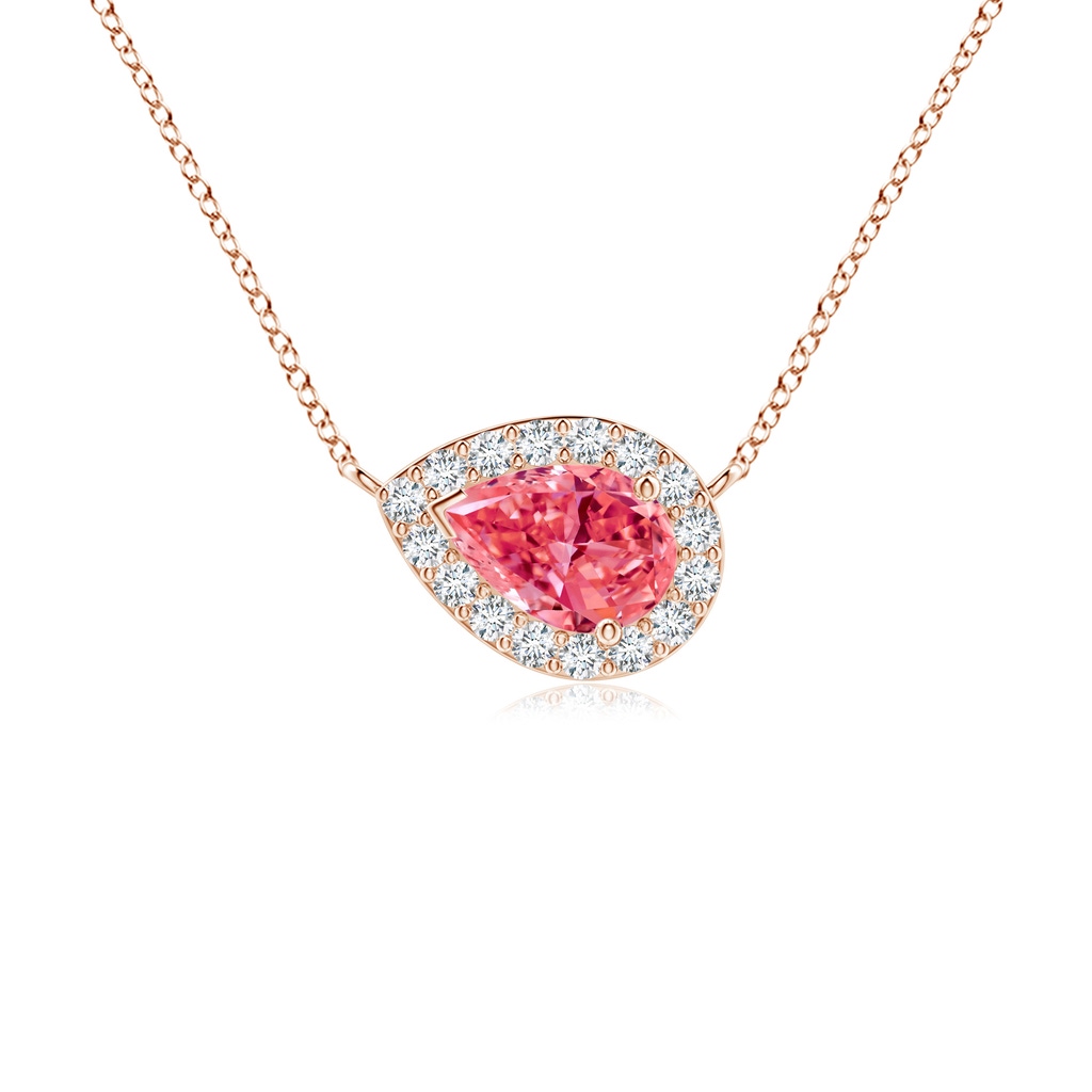 6x4mm AAAA Sideways Pear-Shaped Fancy Intense Pink Diamond Halo Pendant in Rose Gold