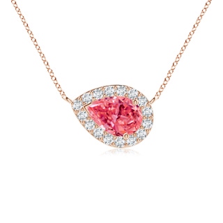 7x5mm AAAA Sideways Pear-Shaped Fancy Intense Pink Diamond Halo Pendant in 9K Rose Gold