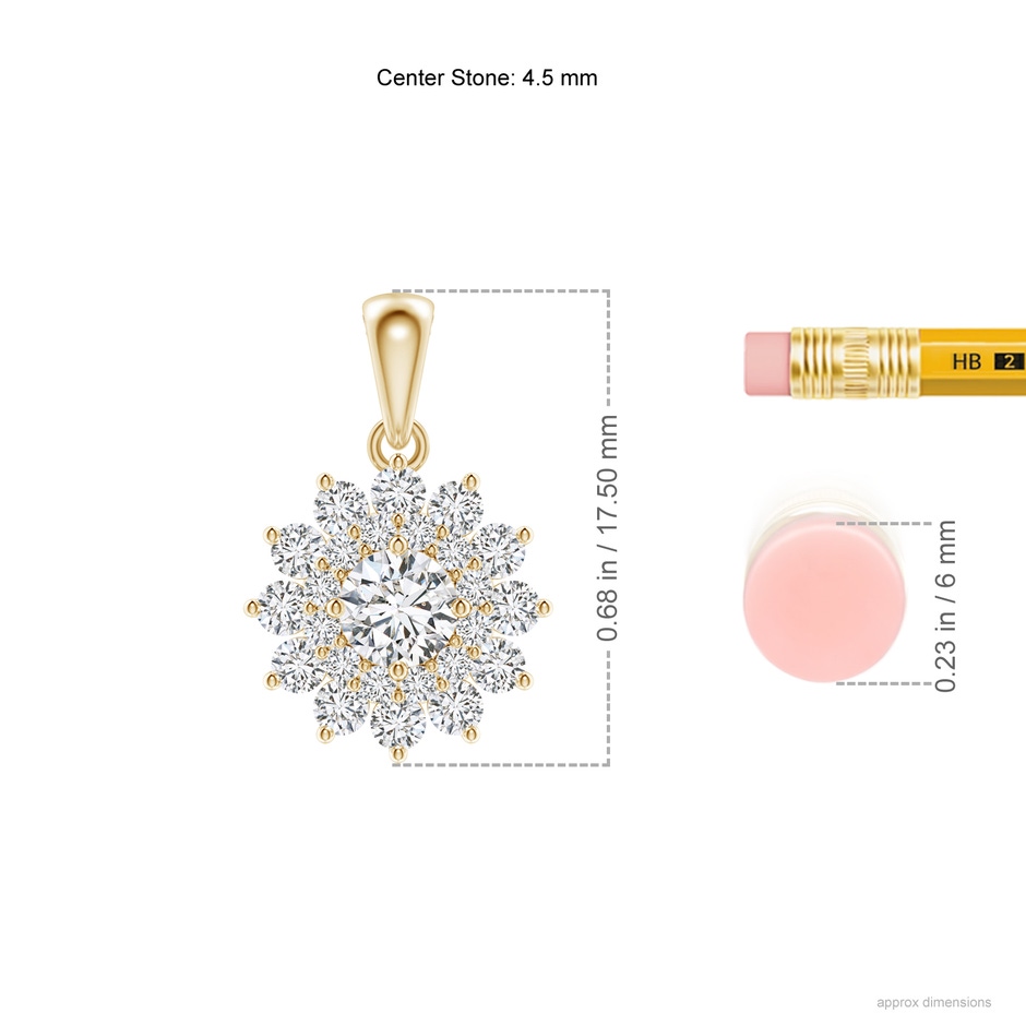4.5mm HSI2 Floral Double Halo Diamond Pendant in Yellow Gold ruler