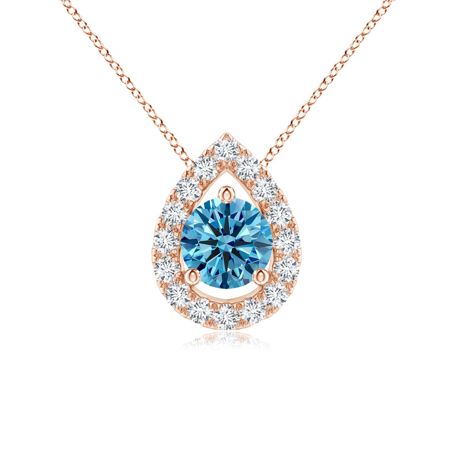 Angara 0.51 CTW Floating Round Fancy Intense Blue Diamond Pendant with Pear-Shaped Halo in 14K Rose Gold