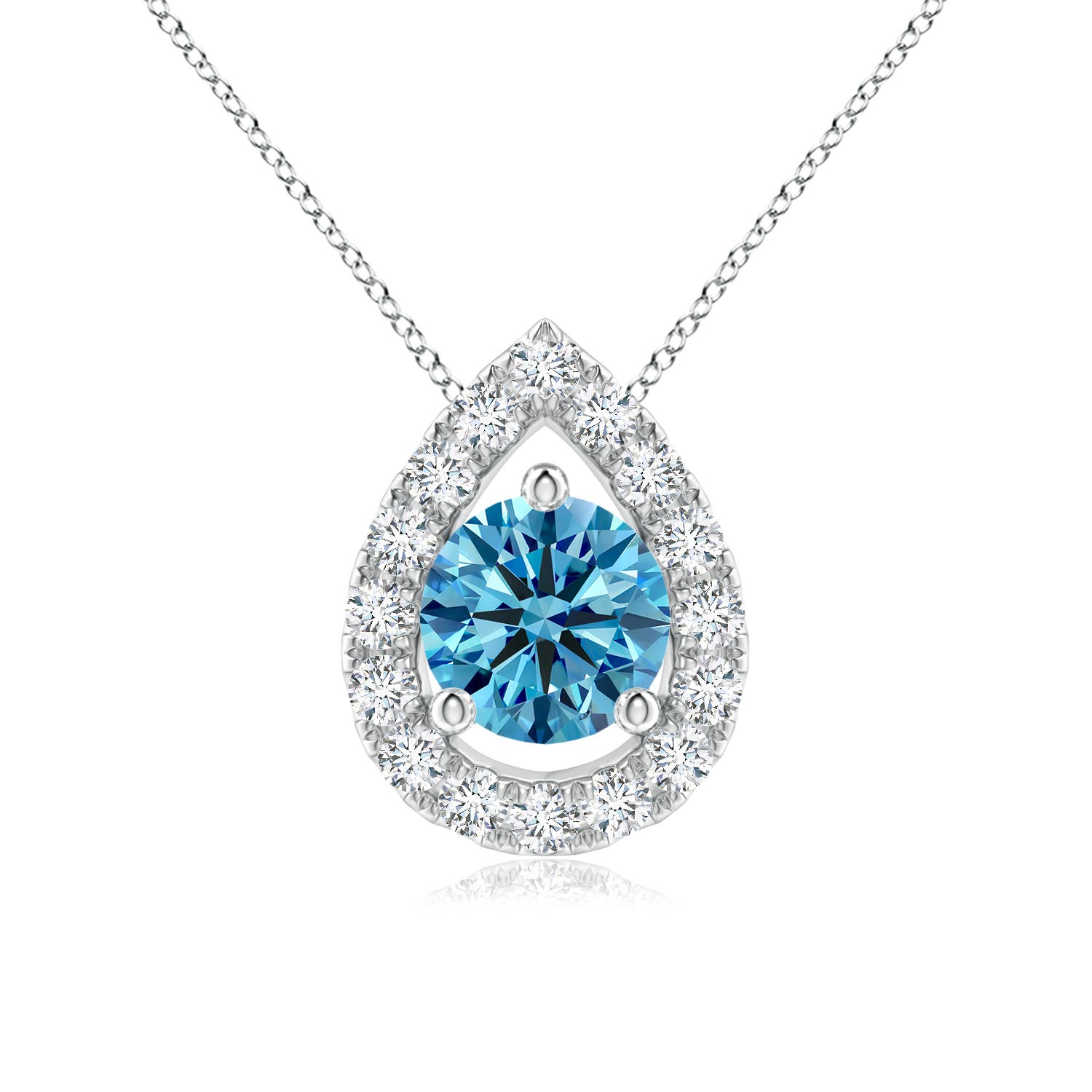 5.2mm AAAA Floating Round Fancy Intense Blue Diamond Pendant with Pear-Shaped Halo in 18K White Gold