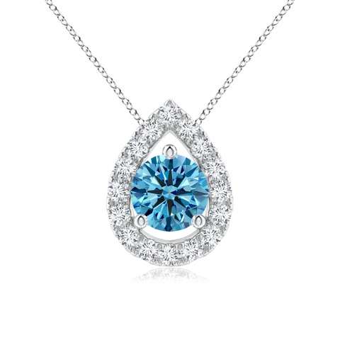 5.2mm AAAA Floating Round Fancy Intense Blue Diamond Pendant with Pear-Shaped Halo in 18K White Gold