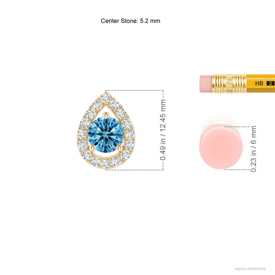 5.2mm AAAA Floating Round Fancy Intense Blue Diamond Pendant with Pear-Shaped Halo in Yellow Gold ruler