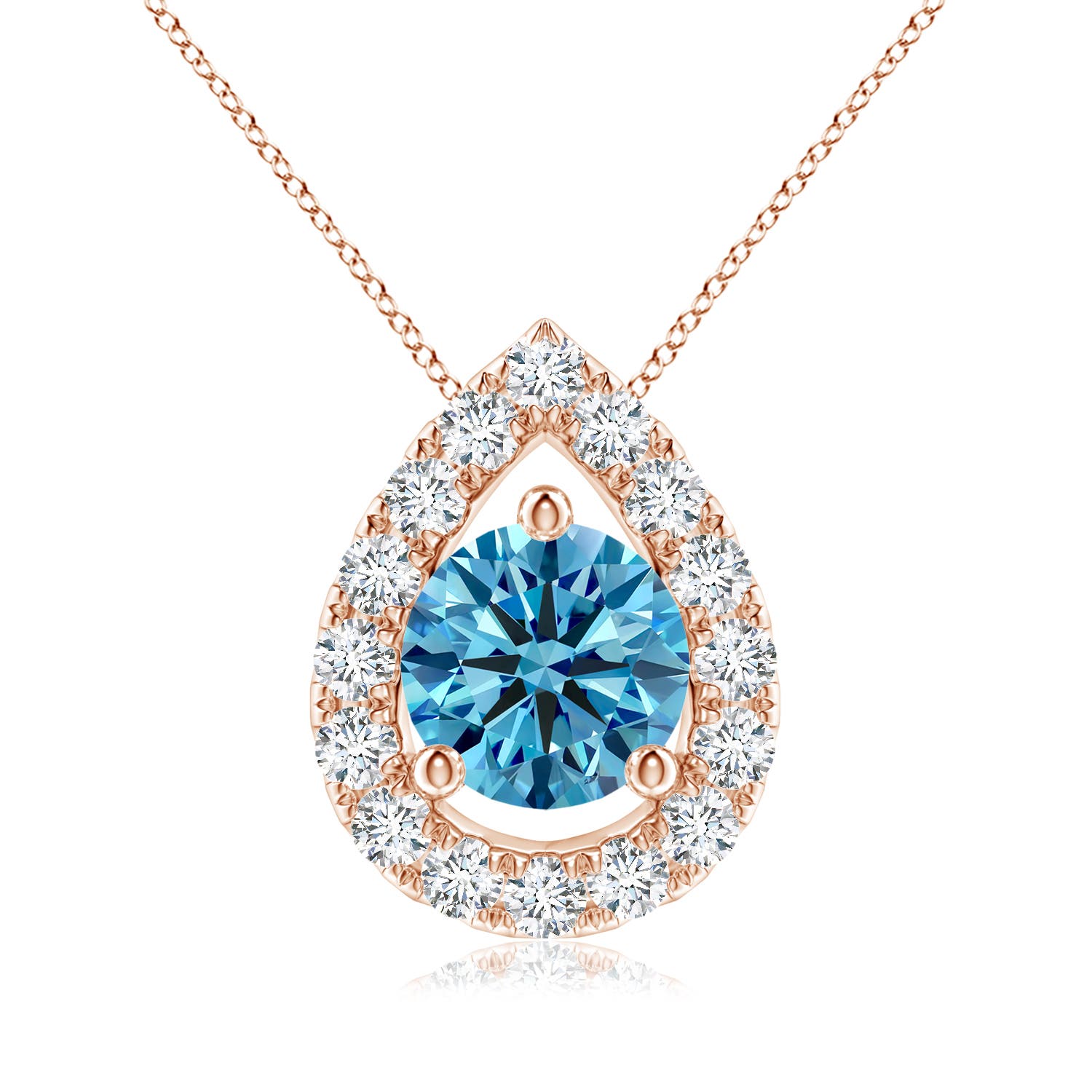 Angara 1.01 CTW Floating Round Fancy Intense Blue Diamond Pendant with Pear-Shaped Halo in 14K Rose Gold