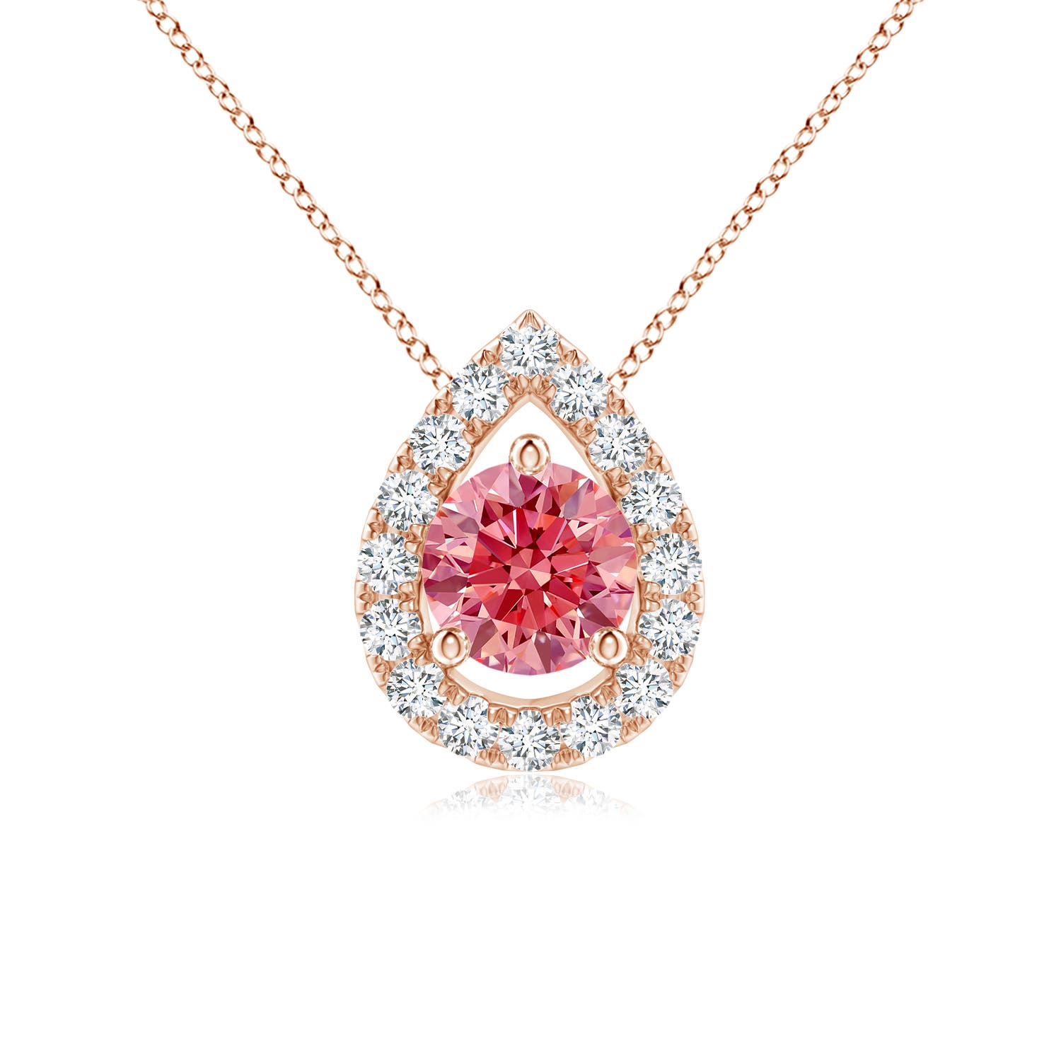 Angara 0.51 CTW Floating Round Fancy Intense Pink Diamond Pendant with Pear-Shaped Halo in 18K Rose Gold