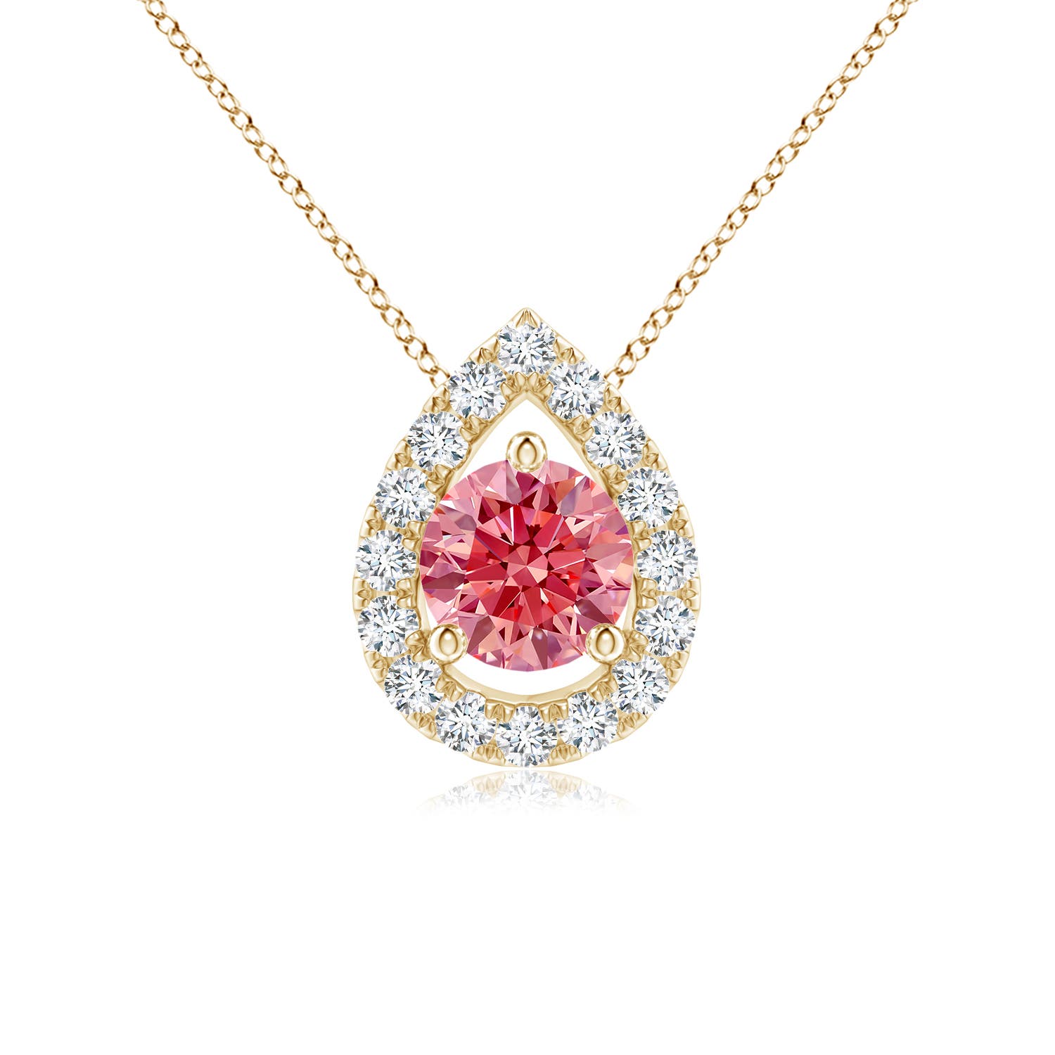 Angara 0.51 CTW Floating Round Fancy Intense Pink Diamond Pendant with Pear-Shaped Halo in 14K Yellow Gold