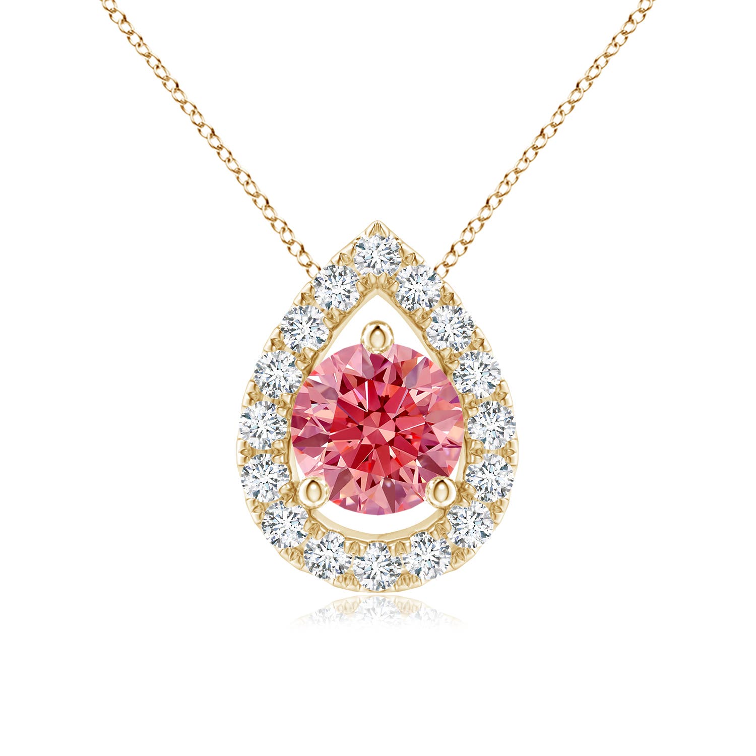 Angara 0.74 CTW Floating Round Fancy Intense Pink Diamond Pendant with Pear-Shaped Halo in 14K Yellow Gold