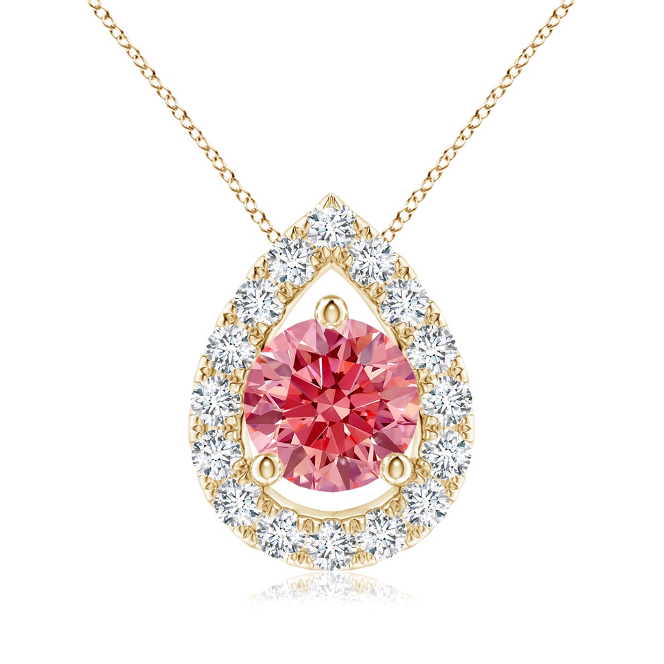 6mm AAAA Floating Round Fancy Intense Pink Diamond Pendant with Pear-Shaped Halo in Yellow Gold 
