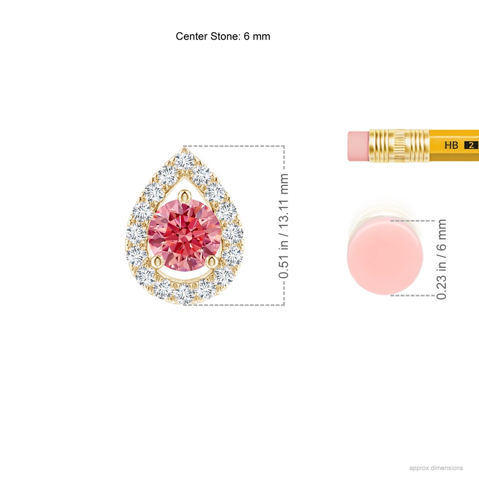 6mm AAAA Floating Round Fancy Intense Pink Diamond Pendant with Pear-Shaped Halo in Yellow Gold ruler