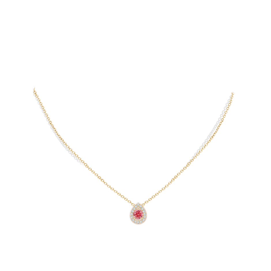 6mm AAAA Floating Round Fancy Intense Pink Diamond Pendant with Pear-Shaped Halo in Yellow Gold pen