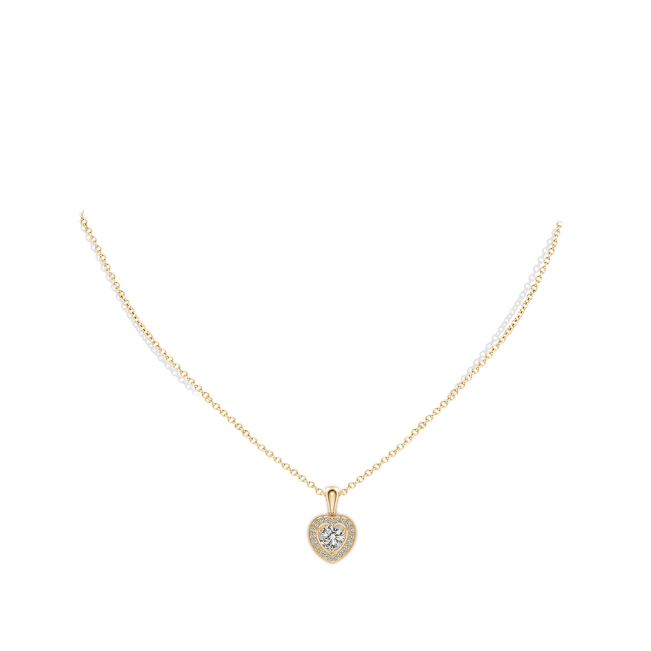 6mm KI3 Round Diamond Pendant with Heart-Shaped Halo in Yellow Gold body-neck