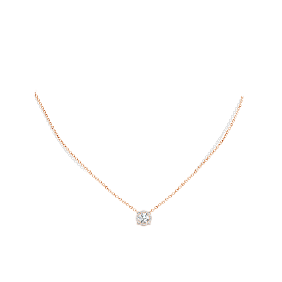 5.5mm GVS2 Floating Round Diamond Quatrefoil Halo Pendant in Rose Gold body-neck