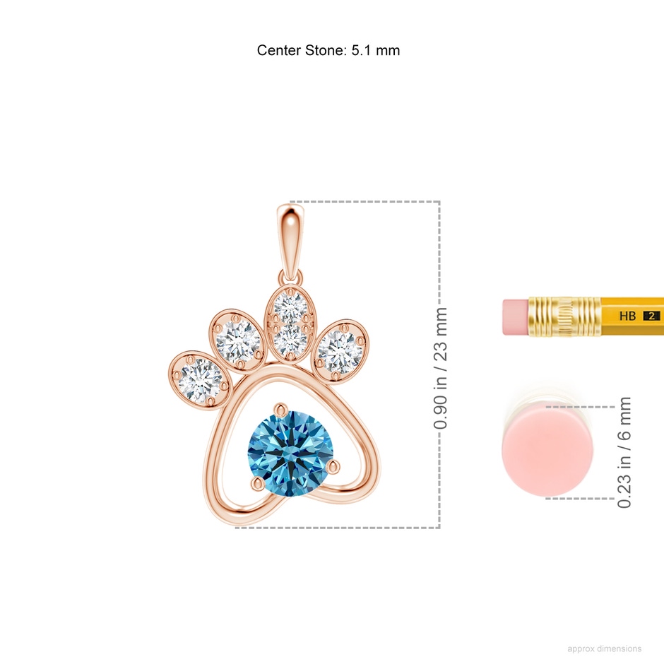 5.1mm AAAA Fancy Intense Blue Diamond Paw Print Pendant in Rose Gold ruler