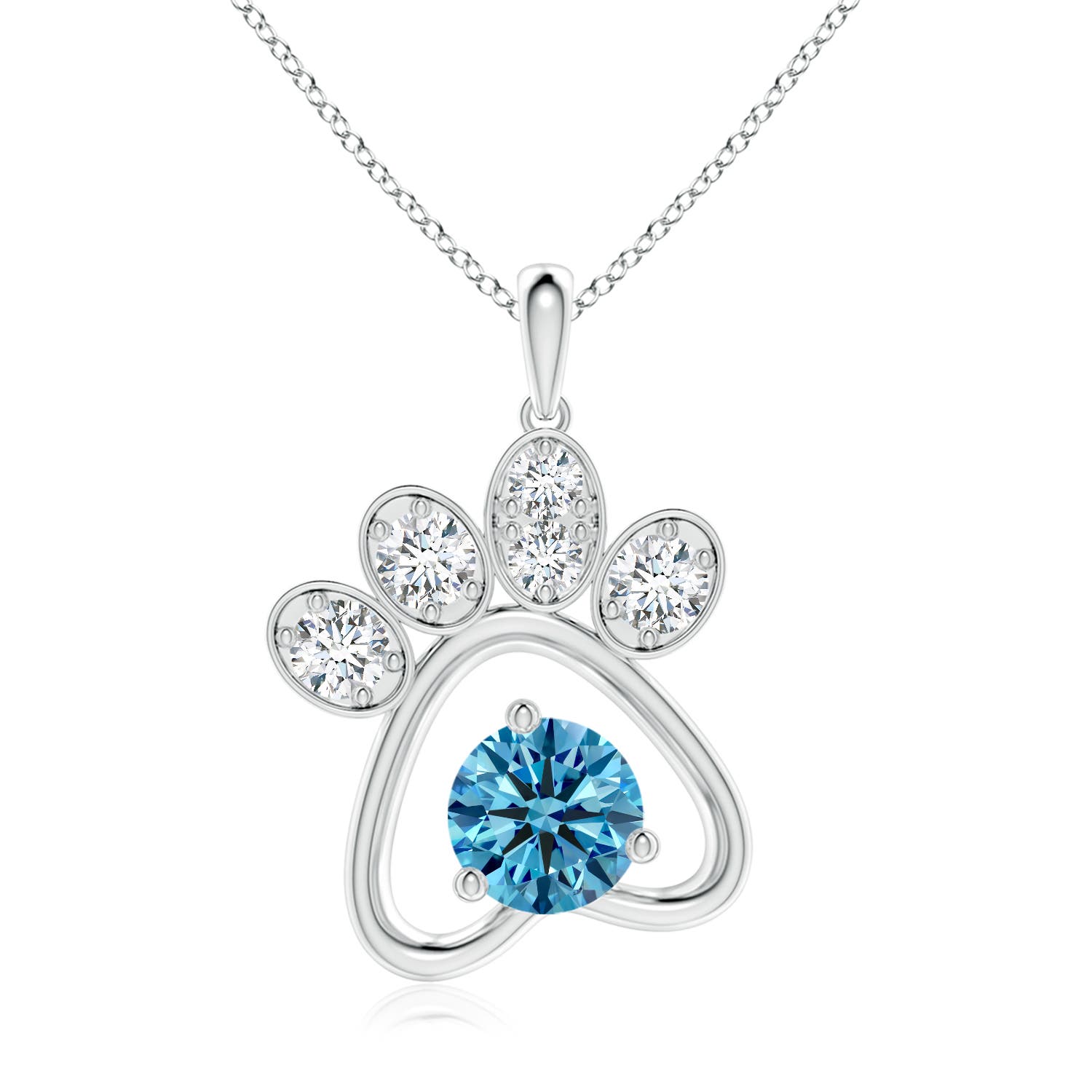 Angara 1.09 CTW Fancy Intense Blue Diamond Paw Print Pendant in 18K White Gold