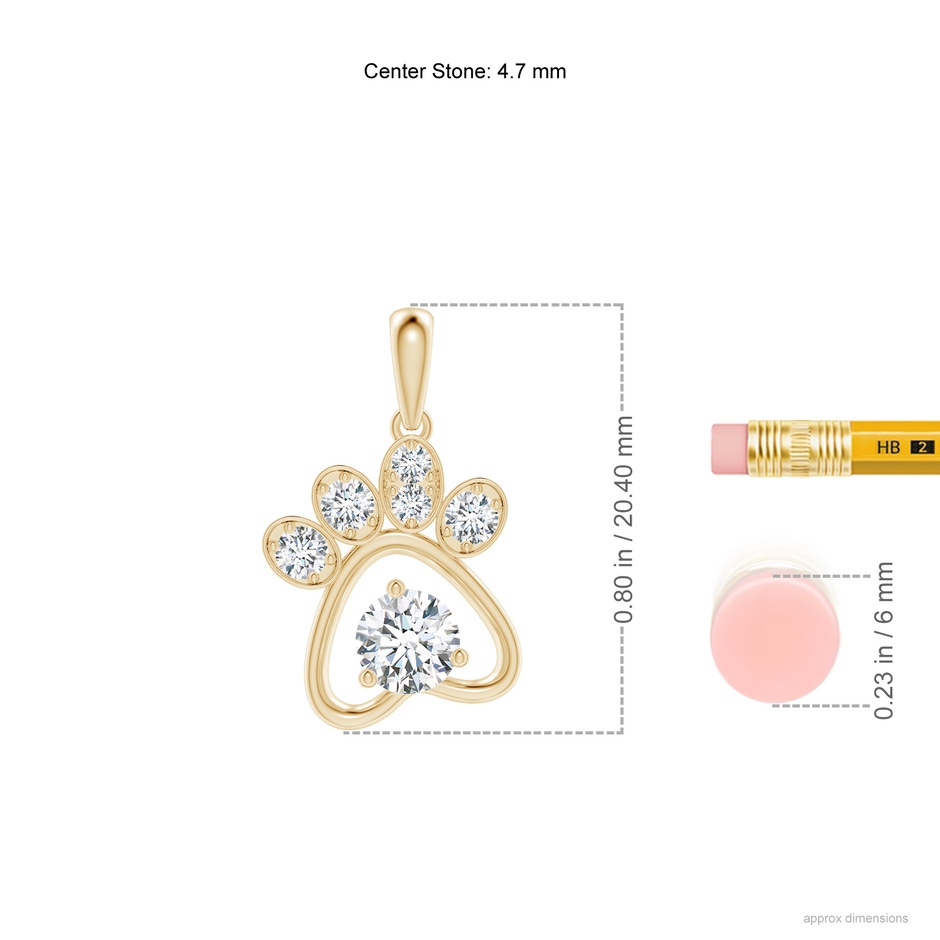 4.7mm GVS2 Diamond Paw Print Pendant in Yellow Gold ruler