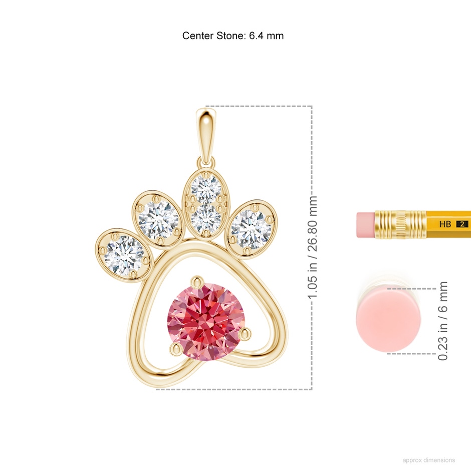6.4mm AAAA Fancy Intense Pink Diamond Paw Print Pendant in Yellow Gold ruler