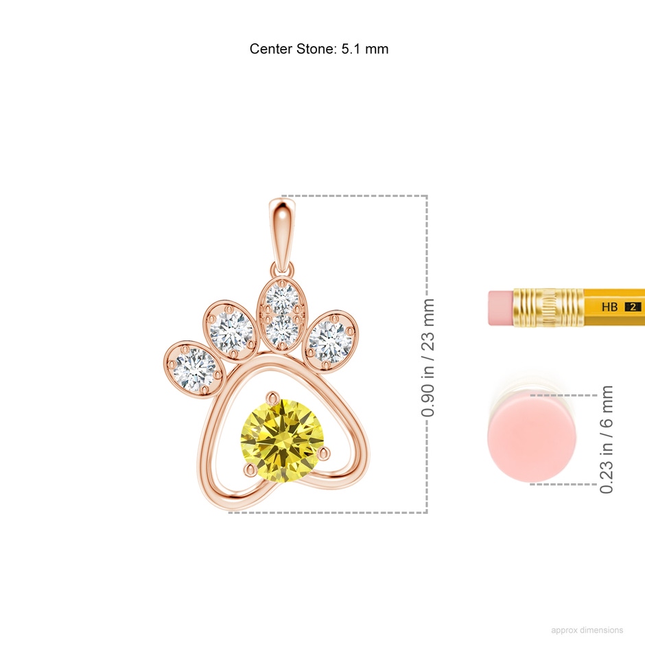 5.1mm AAAA Fancy Intense Yellow Diamond Paw Print Pendant in Rose Gold ruler