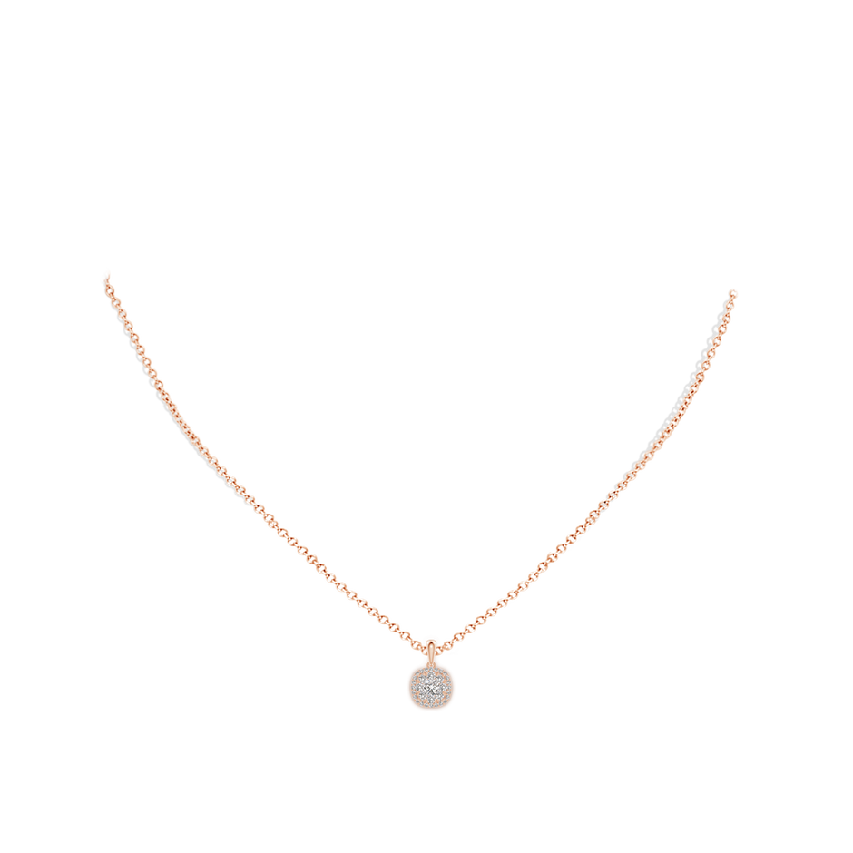3.1mm IJI1I2 Diamond Clustre Cushion Pendant with Halo in Rose Gold body-neck