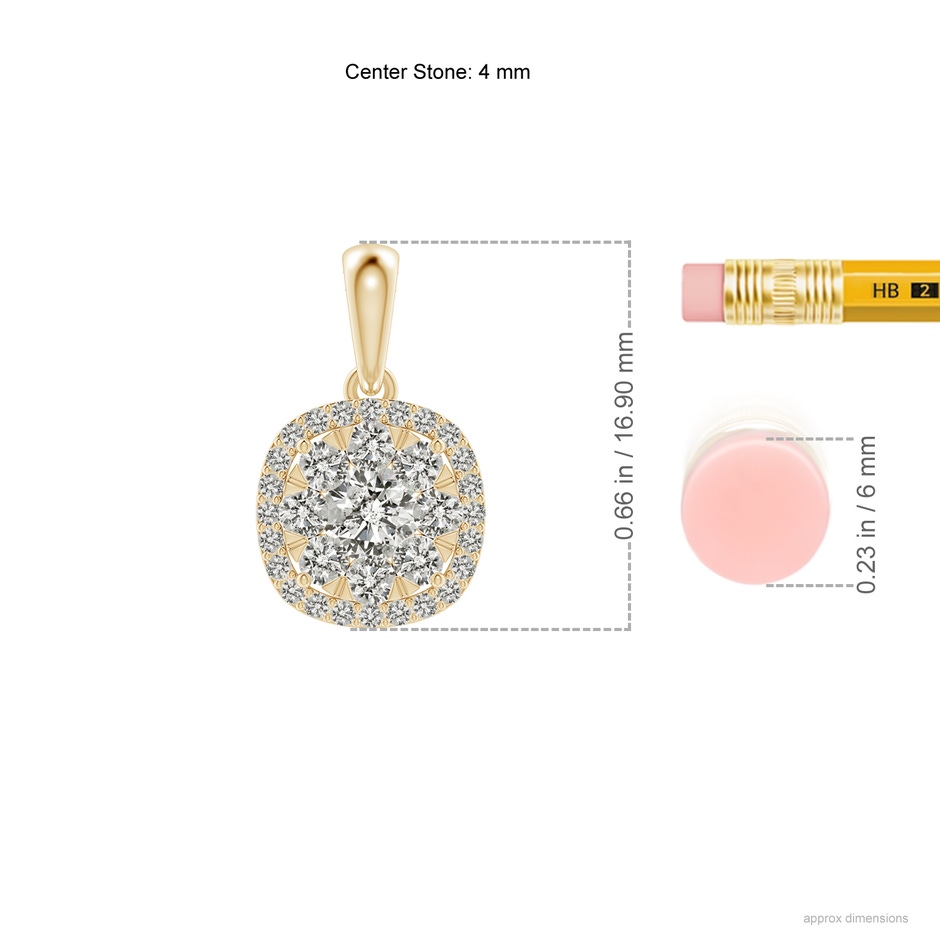 4mm KI3 Diamond Clustre Cushion Pendant with Halo in Yellow Gold ruler