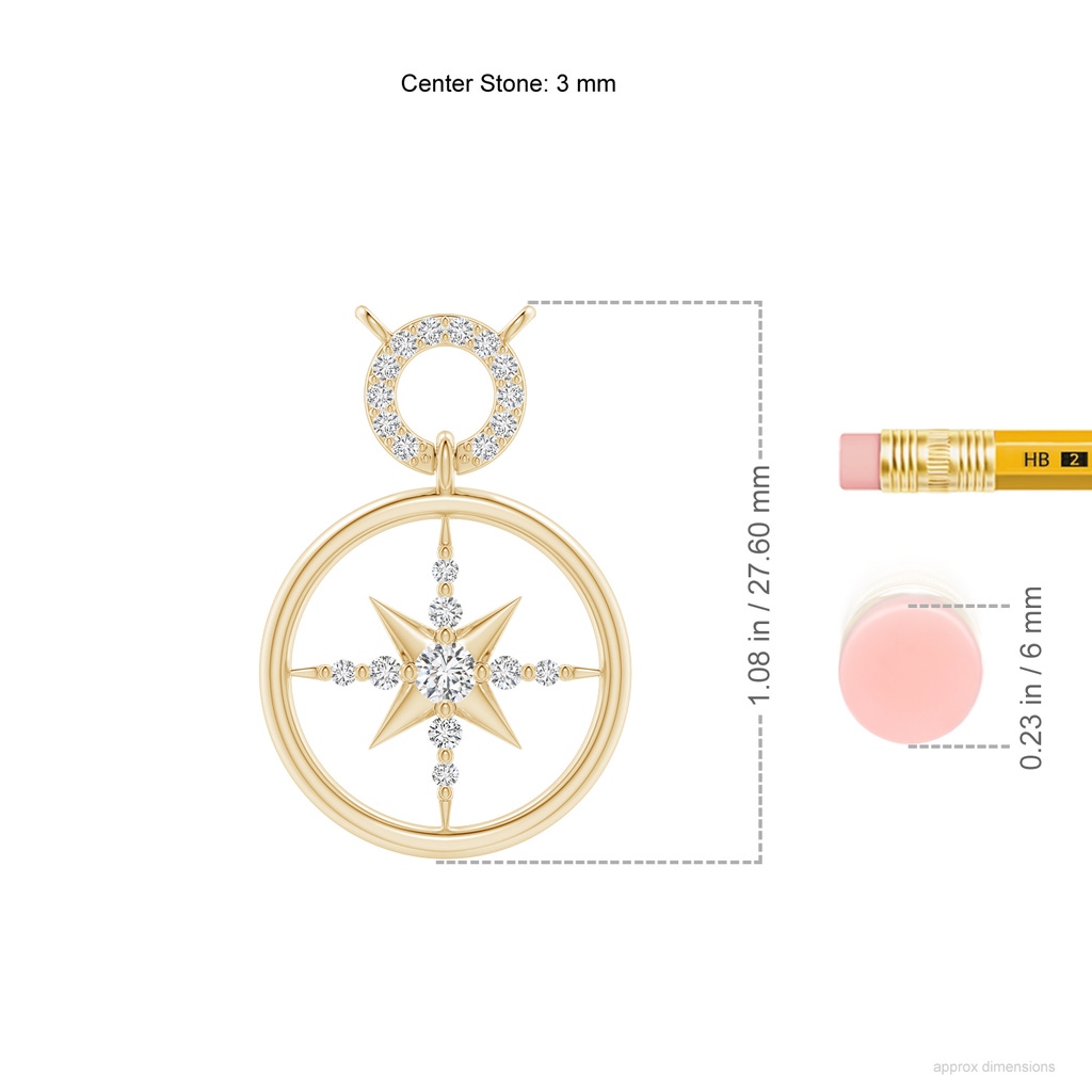3mm HSI2 Diamond Compass Pendant in Yellow Gold ruler