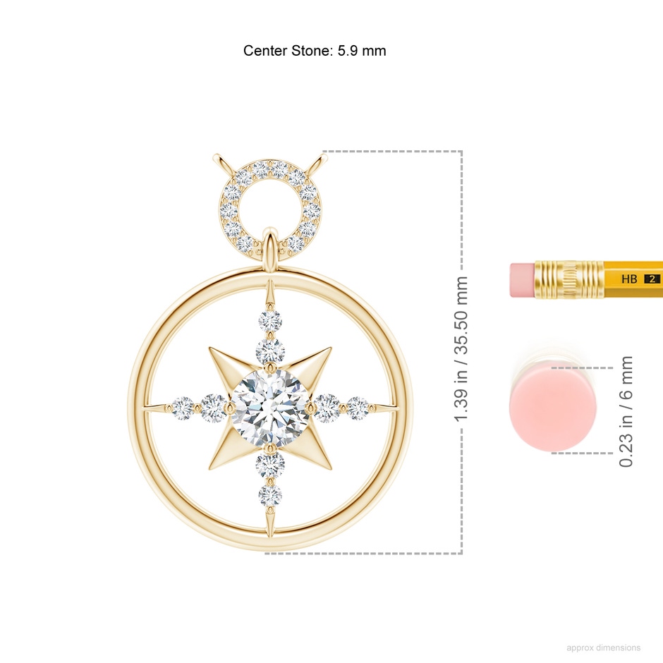 5.9mm GVS2 Diamond Compass Pendant in Yellow Gold ruler