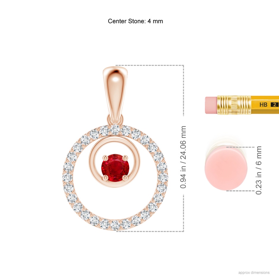 4mm AAA Ruby and Diamond Cancer Circle Pendant in Rose Gold ruler