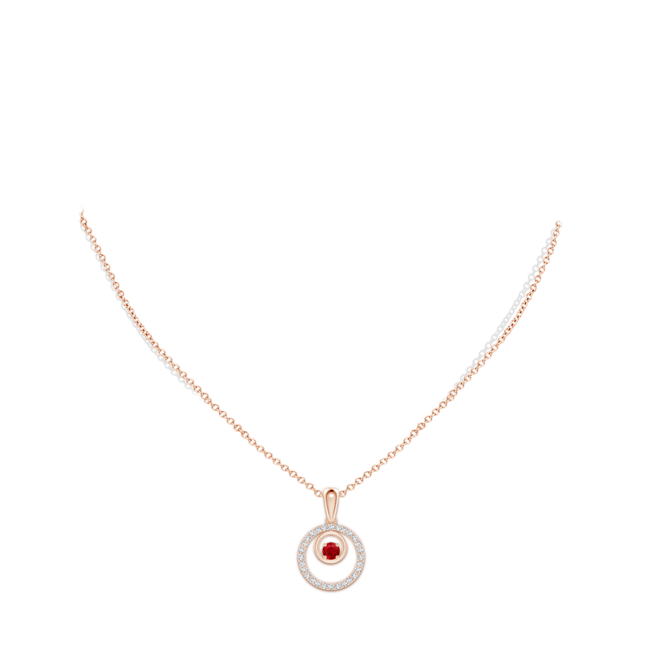 4mm AAA Ruby and Diamond Cancer Circle Pendant in Rose Gold body-neck