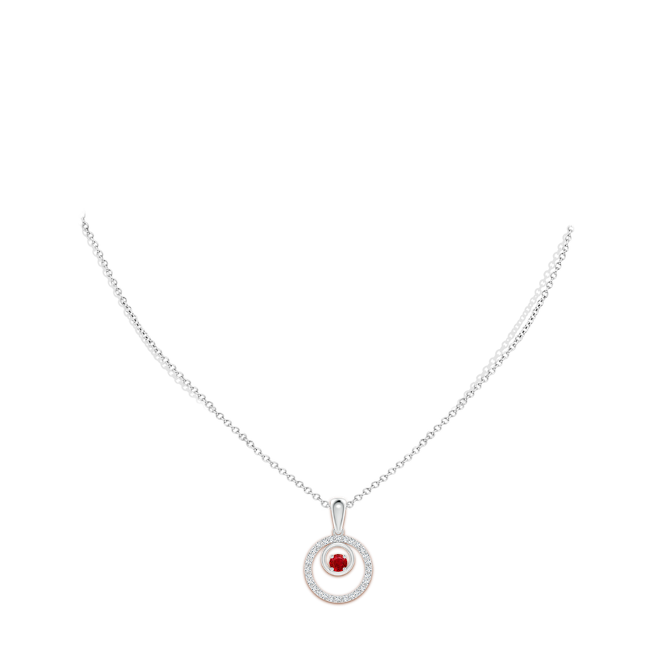 4mm AAA Ruby and Diamond Cancer Circle Pendant in White Gold body-neck