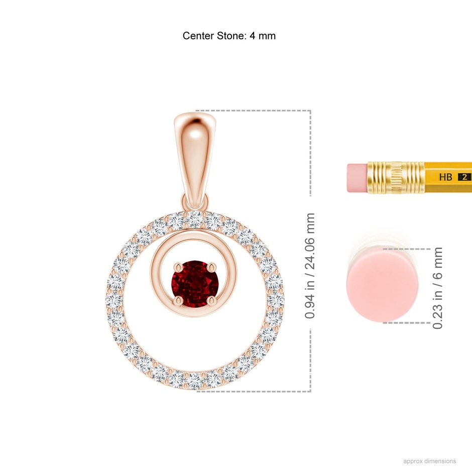 4mm AAAA Ruby and Diamond Cancer Circle Pendant in Rose Gold ruler