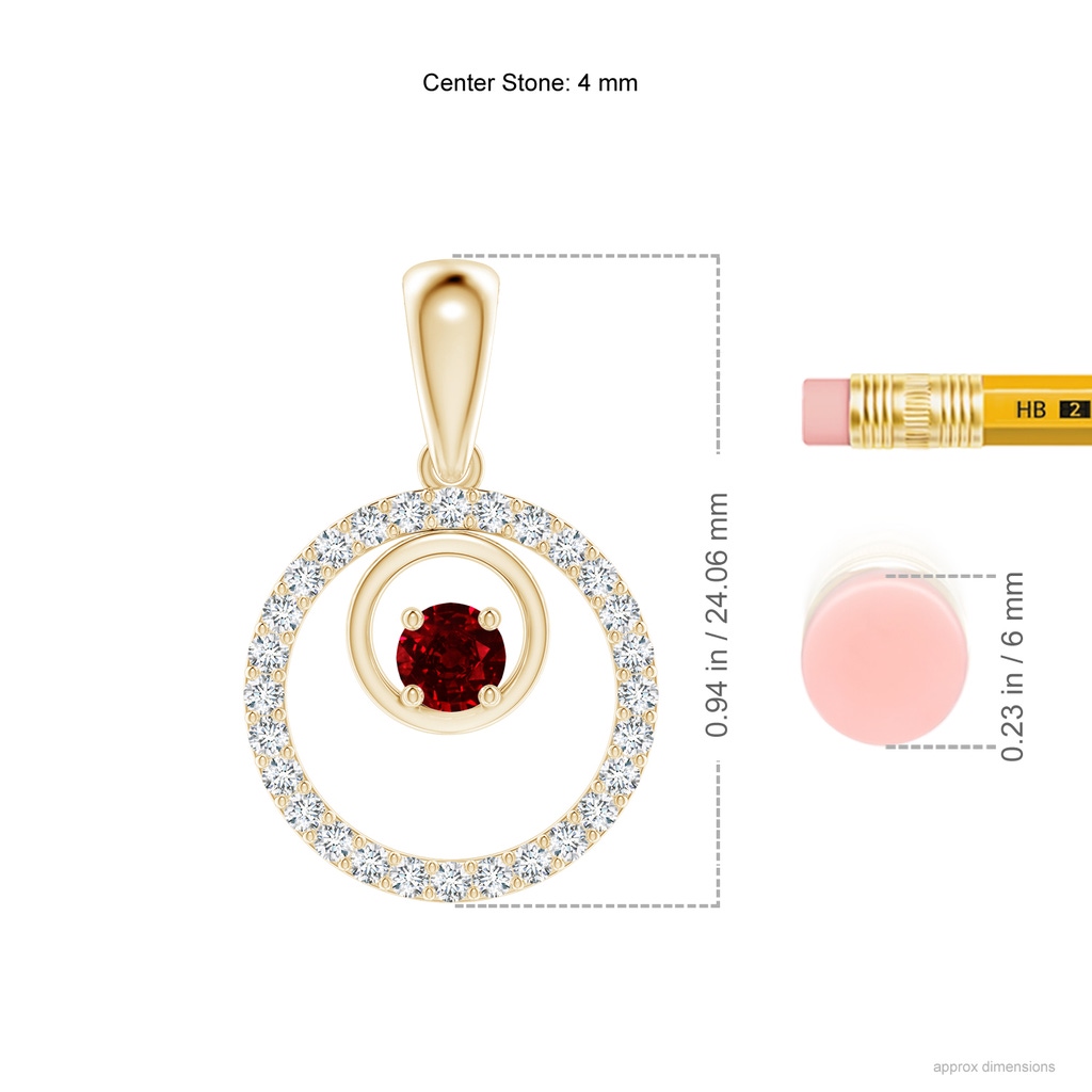 4mm AAAA Ruby and Diamond Cancer Circle Pendant in Yellow Gold Ruler