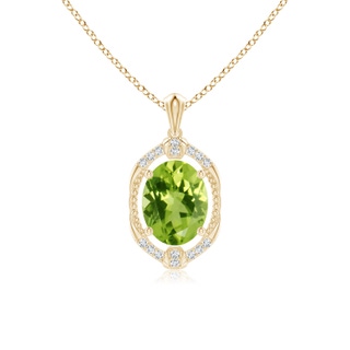 9x7mm AAA Vintage Inspired Oval Peridot Leo Pendant with Diamonds in 9K Yellow Gold