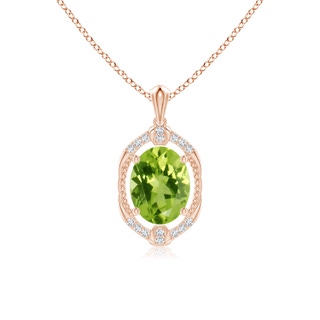 9x7mm AAA Vintage Inspired Oval Peridot Leo Pendant with Diamonds in Rose Gold