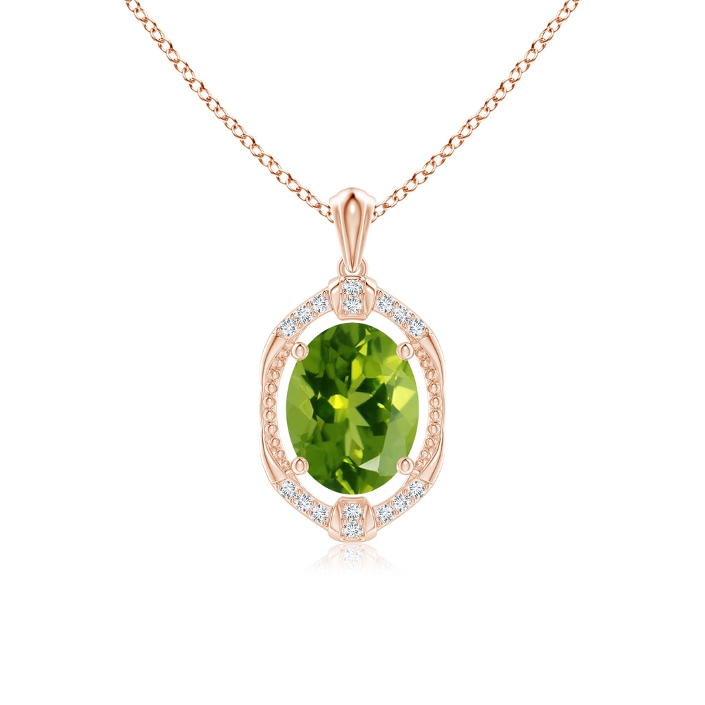 9x7mm AAAA Vintage Inspired Oval Peridot Leo Pendant with Diamonds in Rose Gold
